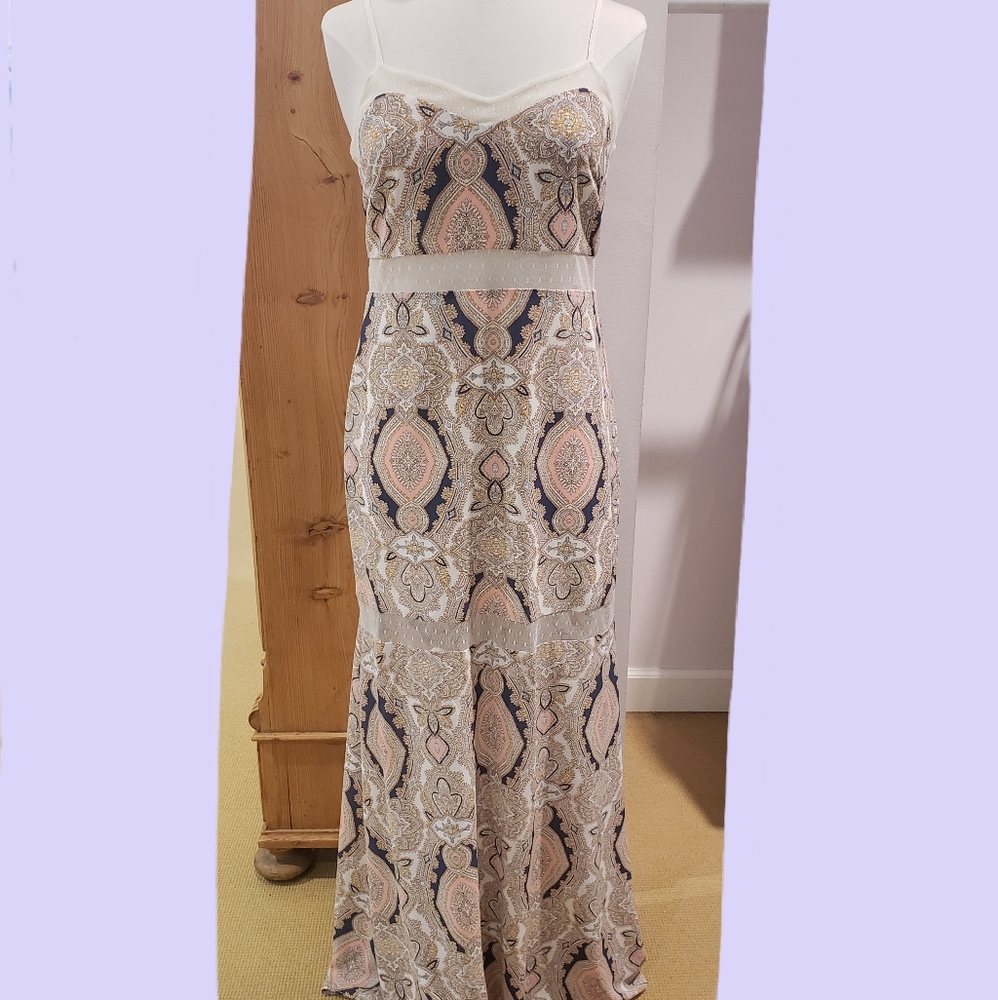 BCBG Floor Length Paisley Dress With Lace Panels